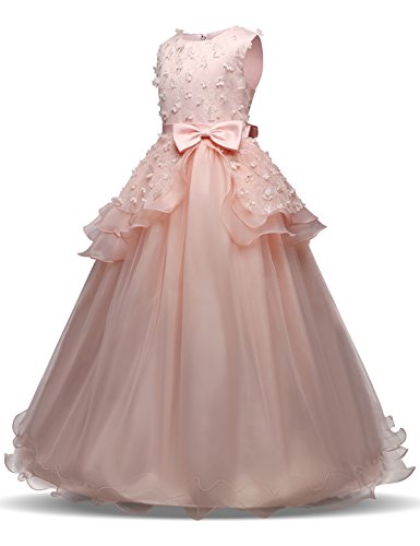 NNJXD Vestido de Princesa del Desfile con Encajes sin Mangas Falda de Fiesta para Niñas Talla (150) 10-11 años 354 Rosa-A