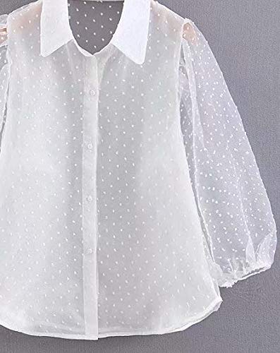 NOBRAND Blusa de encaje blanco elegante con bordado de puntos, camisa sexy de malla chic, camisa suelta Blanco blanco M