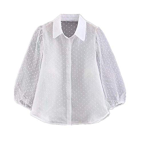 NOBRAND Blusa de encaje blanco elegante con bordado de puntos, camisa sexy de malla chic, camisa suelta Blanco blanco M