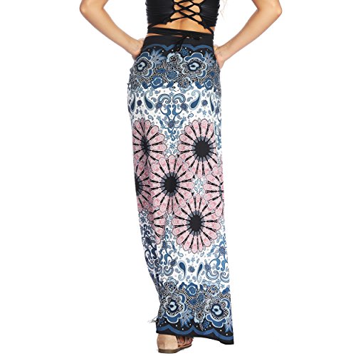 Nuofengkudu Mujer Falda Larga Hippie Gitana Amarra la Cintura Alta Boho Patrón De Estilo Tailandés Faldas de Playa Fiesta Casual Skirts Azul Oscuro Floral