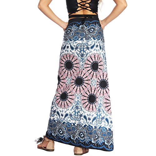 Nuofengkudu Mujer Falda Larga Hippie Gitana Amarra la Cintura Alta Boho Patrón De Estilo Tailandés Faldas de Playa Fiesta Casual Skirts Azul Oscuro Floral