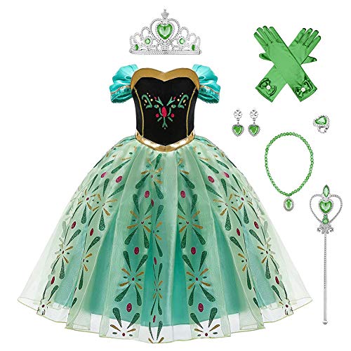 OBEEII Vestido de princesa para niña, disfraz bordado, disfraz de carnaval, Halloween, Navidad, Cosplay, vestido de fiesta, 2-10 años Verde + accesorios. 3-4 Años