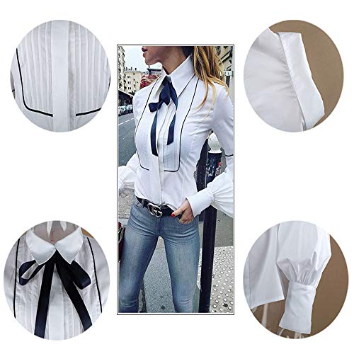 Office Bow Tie Blusa Mujer Linterna Manga Botón Blanco Corbata Camisas Mujer Elegante Camisa de Trabajo Casual Tops Ne