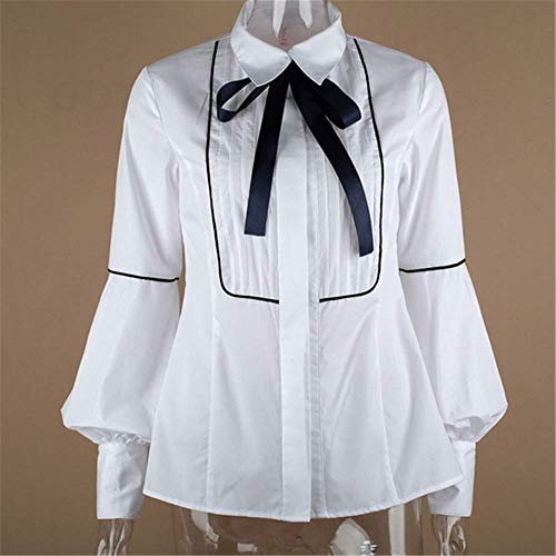Office Bow Tie Blusa Mujer Linterna Manga Botón Blanco Corbata Camisas Mujer Elegante Camisa de Trabajo Casual Tops Ne