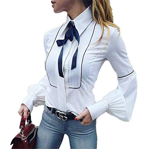 Office Bow Tie Blusa Mujer Linterna Manga Botón Blanco Corbata Camisas Mujer Elegante Camisa de Trabajo Casual Tops Ne