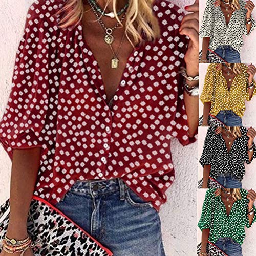 Onsoyours Mujer Casual Blusas Manga Larga Camisetas Suelta Camisa Color Sólido Cuello En V Botones Nacional Impresión Punto De Ola Talla Grande Tops D Rojo L