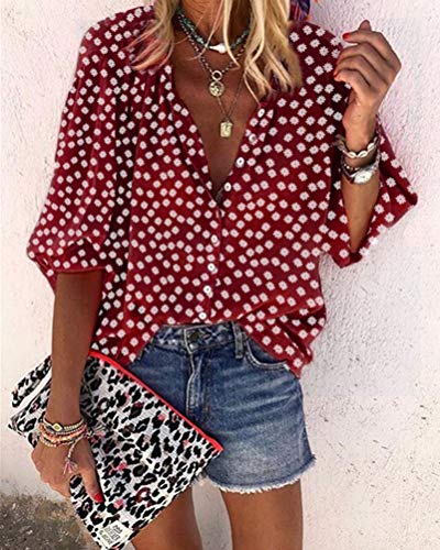 Onsoyours Mujer Casual Blusas Manga Larga Camisetas Suelta Camisa Color Sólido Cuello En V Botones Nacional Impresión Punto De Ola Talla Grande Tops D Rojo L