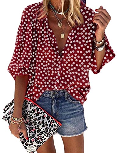 Onsoyours Mujer Casual Blusas Manga Larga Camisetas Suelta Camisa Color Sólido Cuello En V Botones Nacional Impresión Punto De Ola Talla Grande Tops D Rojo L