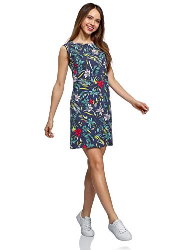 oodji Ultra Mujer Vestido de Algodón, Azul, ES 40 / M