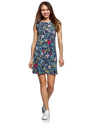 oodji Ultra Mujer Vestido de Algodón, Azul, ES 40 / M