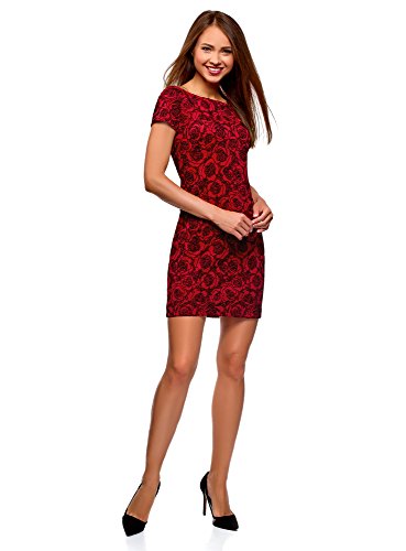 oodji Ultra Mujer Vestido de Punto Estampado de Felpa, Rojo, ES 34 / XXS