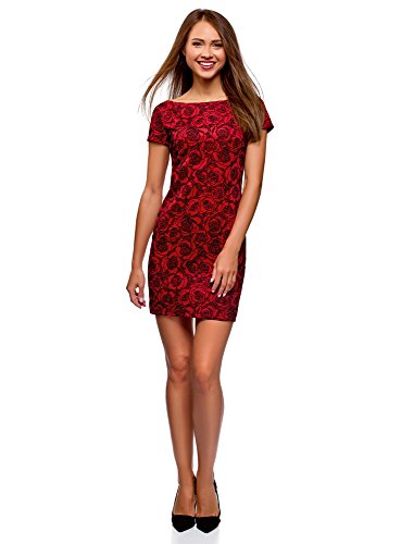 oodji Ultra Mujer Vestido de Punto Estampado de Felpa, Rojo, ES 34 / XXS