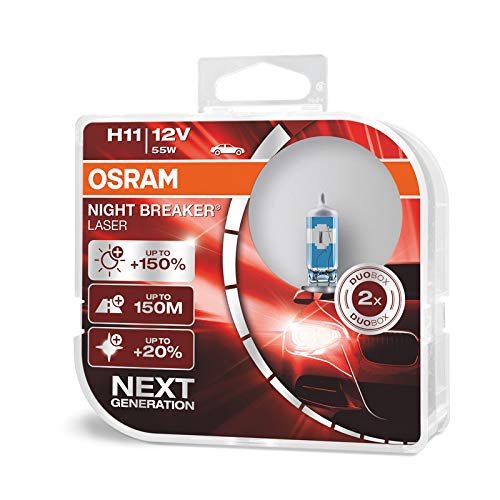 OSRAM NIGHT BREAKER LASER H11, Gen 2, +150% más luz, bombillas H11 para faros delanteros, 64211NL-HCB, 12V, duo box (2 lámparas)
