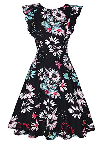 Owin - Vestido de cóctel hasta la Rodilla con Bordado de Flores Florales y Cuello Redondo Vintage para Mujer