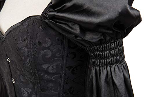 PANOZON Corset Corpiño Mujer Gótico Cortesano Clásico Mangas Largas Steampunk Medieval Corsé de Disfraz (X-Large, A-Negro)