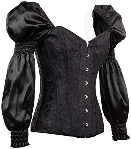 PANOZON Corset Corpiño Mujer Gótico Cortesano Clásico Mangas Largas Steampunk Medieval Corsé de Disfraz (X-Large, A-Negro)