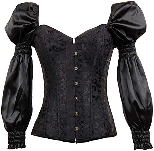 PANOZON Corset Corpiño Mujer Gótico Cortesano Clásico Mangas Largas Steampunk Medieval Corsé de Disfraz (X-Large, A-Negro)