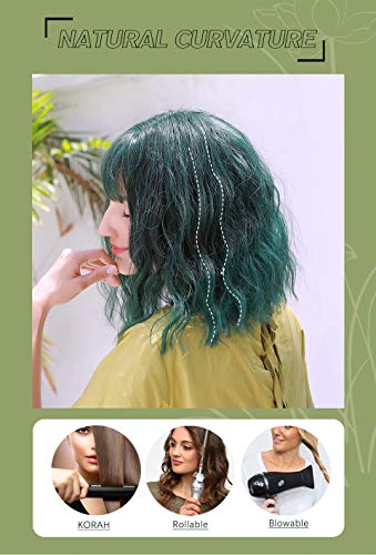 Pelucas de Hombro-Longitud con Flecos Aire, Pelucas Cortos Ondulados de Sintéticos para chica Mujer,Moda Bob Wig de Resistente al Calor, Cosplay Pelucas Verde para Fiesta de Halloween,14.5''