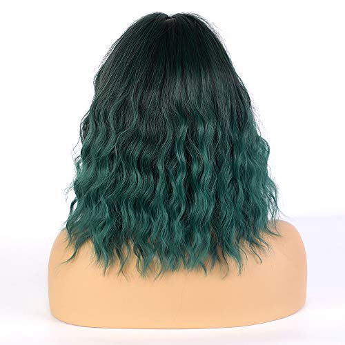 Pelucas de Hombro-Longitud con Flecos Aire, Pelucas Cortos Ondulados de Sintéticos para chica Mujer,Moda Bob Wig de Resistente al Calor, Cosplay Pelucas Verde para Fiesta de Halloween,14.5''