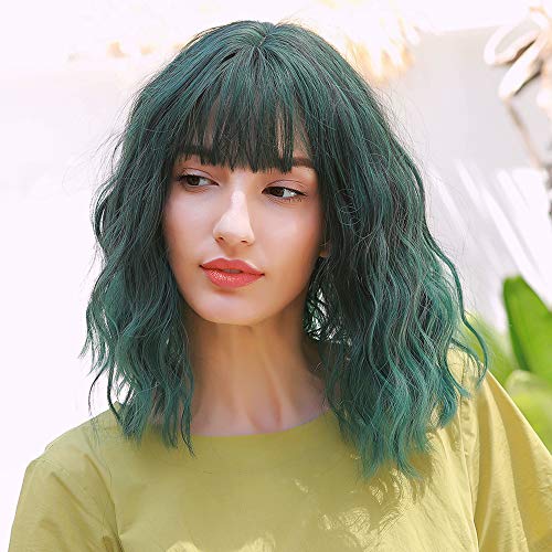 Pelucas de Hombro-Longitud con Flecos Aire, Pelucas Cortos Ondulados de Sintéticos para chica Mujer,Moda Bob Wig de Resistente al Calor, Cosplay Pelucas Verde para Fiesta de Halloween,14.5''