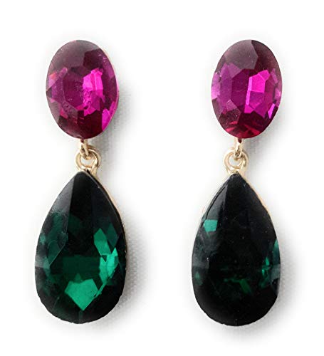 Pendientes largos mujer bisutería cristales de colores fiesta boda chapado plata, fucsia verde