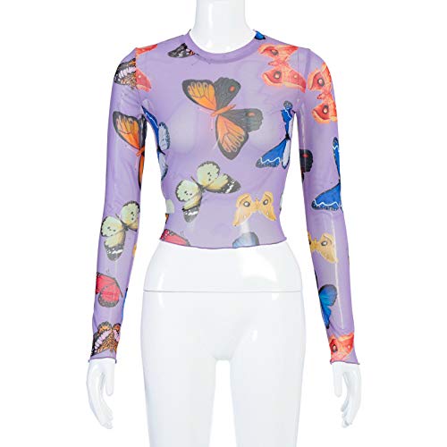 PKYGXZ Sudadera para Mujer Camiseta de Manga Larga para Mujer Camisetas Sexis para Mujer Camiseta Ajustada con Fondo de Malla Ropa Femenina de Hilo de Red con Estampado de Mariposa
