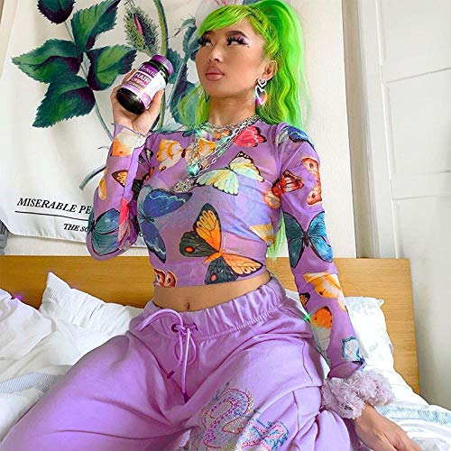 PKYGXZ Sudadera para Mujer Camiseta de Manga Larga para Mujer Camisetas Sexis para Mujer Camiseta Ajustada con Fondo de Malla Ropa Femenina de Hilo de Red con Estampado de Mariposa