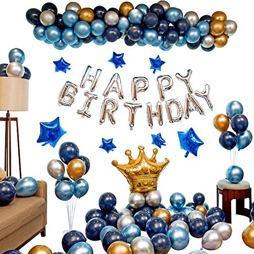 Ponmoo Fiesta de cumpleaños con globos de plata azul dorado, 124 piezas globos kit de cumpleaños aniversario para hombres mujeres adultos, Happy Birthday Corona Globo para cumpleaños de decoración