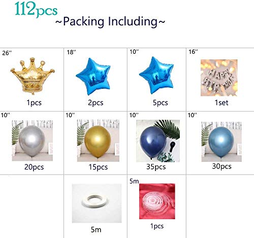 Ponmoo Fiesta de cumpleaños con globos de plata azul dorado, 124 piezas globos kit de cumpleaños aniversario para hombres mujeres adultos, Happy Birthday Corona Globo para cumpleaños de decoración