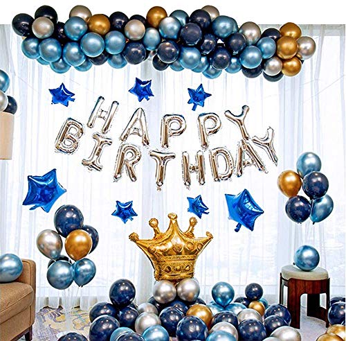 Ponmoo Fiesta de cumpleaños con globos de plata azul dorado, 124 piezas globos kit de cumpleaños aniversario para hombres mujeres adultos, Happy Birthday Corona Globo para cumpleaños de decoración