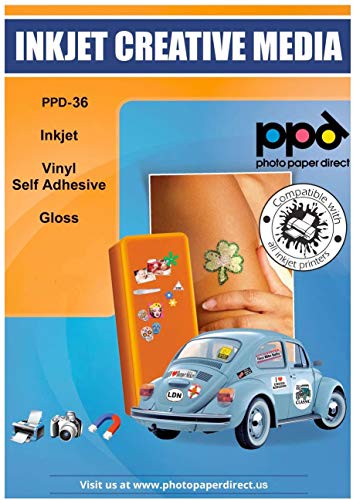 PPD A4 x 10 Pegatinas de Vinilo Autoadhesivo Brillante Imprimibles de Grado Comercial - Secado Instantáneo y A Prueba de Desgarro - Para Impresora de Inyección de Tinta Inkjet - PPD-36-10