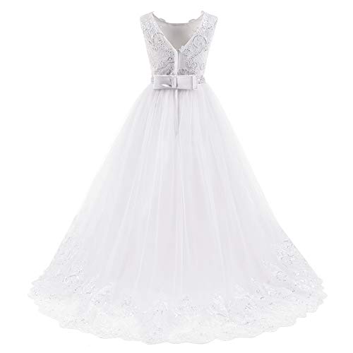 Princesa Vestido de Niña de Flores Appliques de Encaje Tul Bowknot Boda Vestidos de Dama de Honor Comunión Cumpleaños Carnaval Pageant Bola Cóctel Fotografía Vestido de Fiesta Blanco 12-13