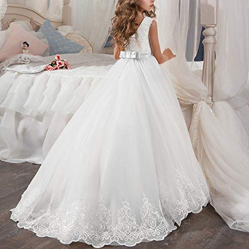 Princesa Vestido de Niña de Flores Appliques de Encaje Tul Bowknot Boda Vestidos de Dama de Honor Comunión Cumpleaños Carnaval Pageant Bola Cóctel Fotografía Vestido de Fiesta Blanco 12-13