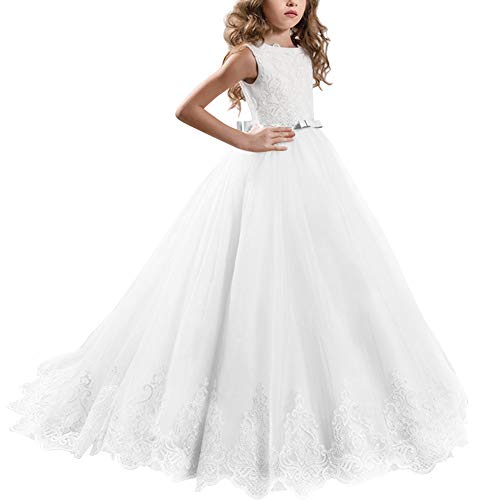 Princesa Vestido de Niña de Flores Appliques de Encaje Tul Bowknot Boda Vestidos de Dama de Honor Comunión Cumpleaños Carnaval Pageant Bola Cóctel Fotografía Vestido de Fiesta Blanco 12-13