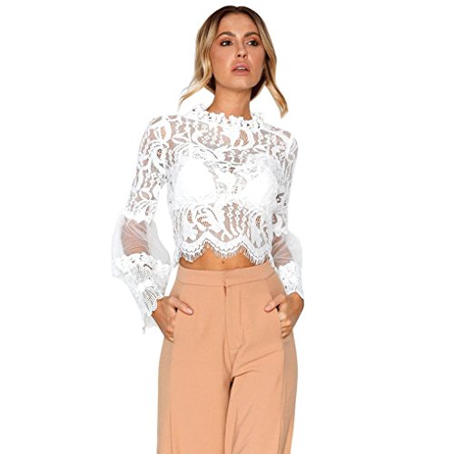 QinMM Blusa Corta de Encaje Mujer, Camiseta Transparente Camisa de Manga Larga Tops (Blanco, L)