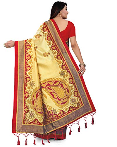 Rajnandini Mujer Art Silk Impreso Tradicional Sari con Blusa Pieza (Beige y Rojo)