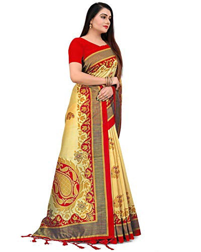 Rajnandini Mujer Art Silk Impreso Tradicional Sari con Blusa Pieza (Beige y Rojo)