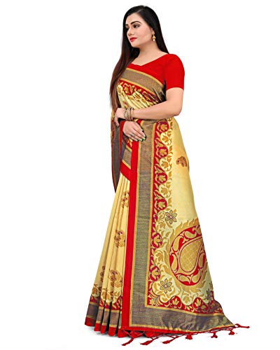 Rajnandini Mujer Art Silk Impreso Tradicional Sari con Blusa Pieza (Beige y Rojo)