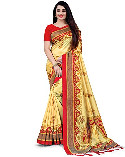 Rajnandini Mujer Art Silk Impreso Tradicional Sari con Blusa Pieza (Beige y Rojo)