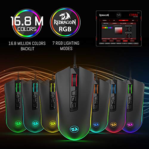 Redragon M711-FPS COBRA FPS Ratón Gaming, Sensor óptico Pixart PMW3360, Interruptores ÓPTICOS LK, Iluminación RGB, 8 Botones, Memoria integrada, cable mallado - PC Win compatible