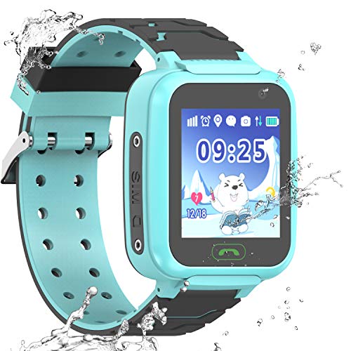 Reloj Inteligente a Prueba de Agua GPS Tracker para niños - Mire el Reloj Inteligente a Prueba de Agua con GPS LBS WiFi Localizador de teléfono con Chat de Voz Juego de cámara (S9-Azul)