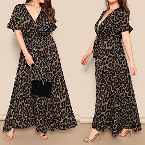 ReooLy Fashion Women Sexy Plus Size Leopard Print Vestido de Manga Corta con Cuello en V(Negro,XL)