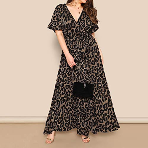 ReooLy Fashion Women Sexy Plus Size Leopard Print Vestido de Manga Corta con Cuello en V(Negro,XL)