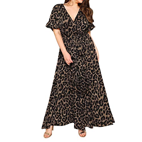 ReooLy Fashion Women Sexy Plus Size Leopard Print Vestido de Manga Corta con Cuello en V(Negro,XL)