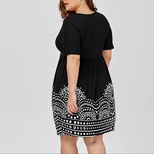 ReooLy Fashion Womens Plus Size Empire Waist A Line Impreso Vestido de Manga Corta con Cuello en V(Negro,XL)