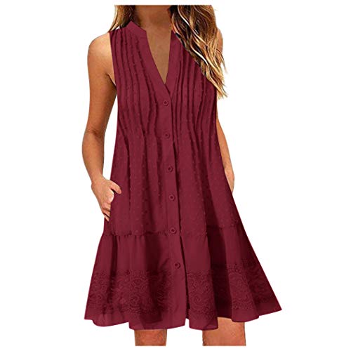 ReooLy Vestido sin Mangas con Cuello en V de Verano para Mujer（Vino，M）