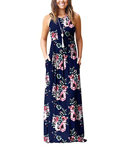 Rojeam Casual Vestidos para Mujer Largo Elegante Vestido para Verano Otoño Cuello Redondo con Bolsillos
