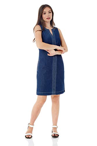 Roman Originals Vestido de mezclilla para mujer con bolsillos – túnica Jean Shift algodón contraste Top Stitch A-Line Smock casual hasta la rodilla sin mangas verano recto Pinafore