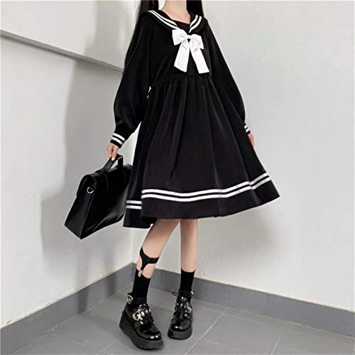 Rpaio Lolita Vestido Streetwear Camisa Vestido de Mujer otoño japonés Estilo Oscuro Estilo Azul Marino Manga Larga Arco Dulce Cintura Plisada Marinero Vestido Escuela niña Uniforme