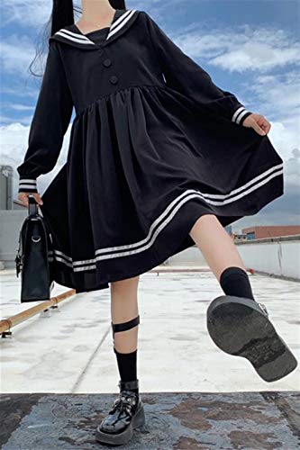 Rpaio Lolita Vestido Streetwear Camisa Vestido de Mujer otoño japonés Estilo Oscuro Estilo Azul Marino Manga Larga Arco Dulce Cintura Plisada Marinero Vestido Escuela niña Uniforme